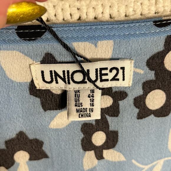 NWT UNIQUE21 Blue Ruffle Chiffon Hero Floral Print Smock A Line Dress Light - Picture 8 of 13
